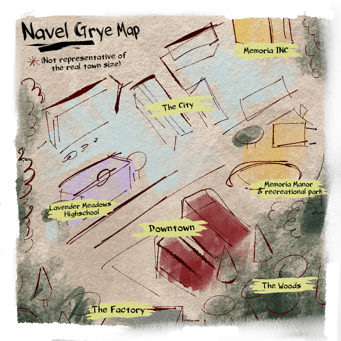 fictional town map of Navel Grye